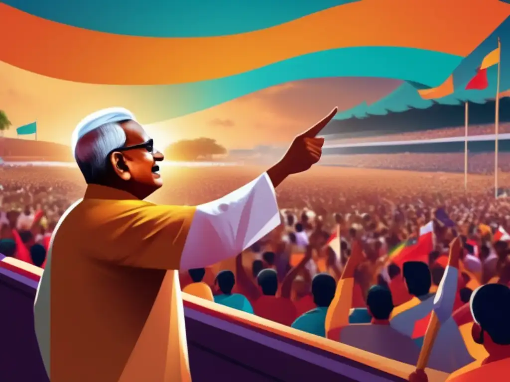 Jayaprakash Narayan se dirige a una multitud en un vibrante mitin político, irradiando determinación y esperanza por el cambio