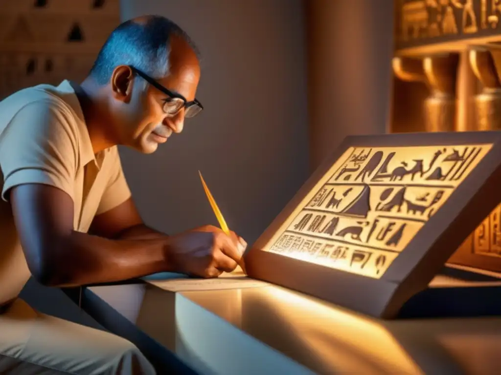 Jean-François Champollion descifrando jeroglíficos egipcios bajo cálida luz dorada