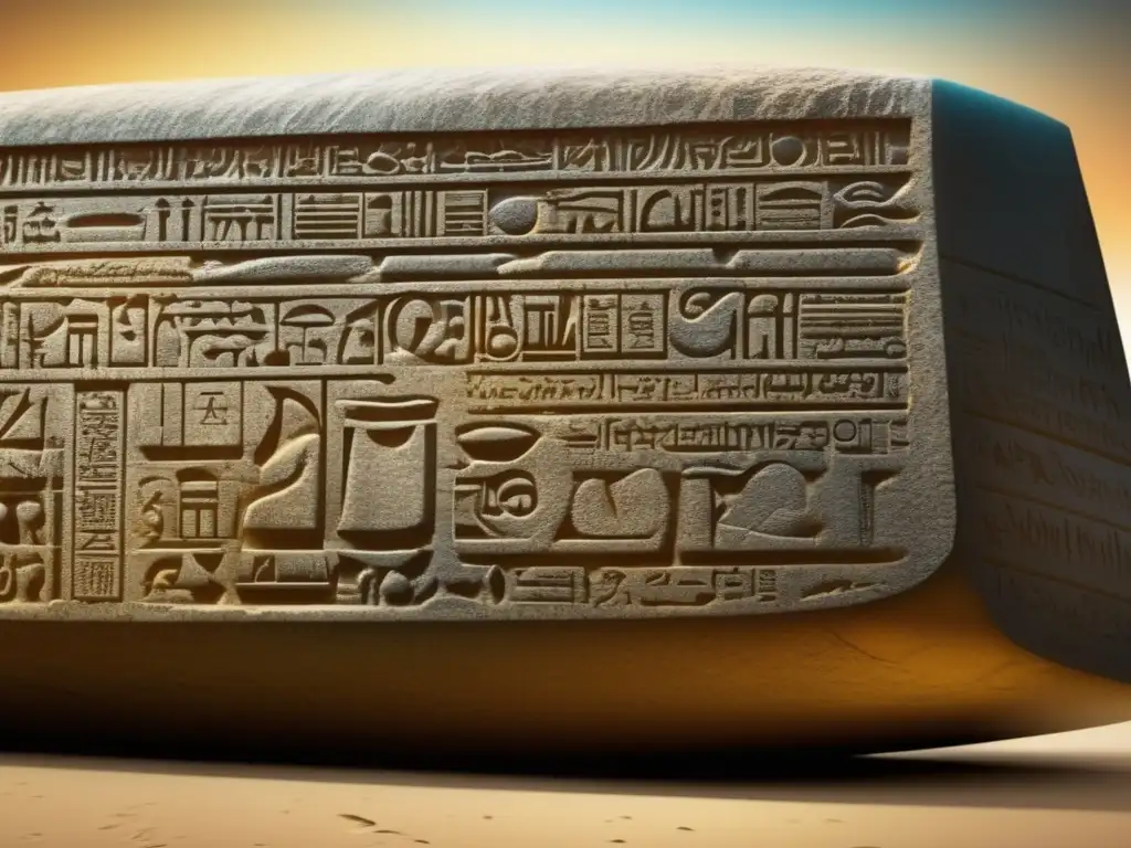 Descifrando jeroglíficos egipcios Champollion: Detalles vibrantes de la Piedra de Rosetta, iluminación dramática y textura envejecida