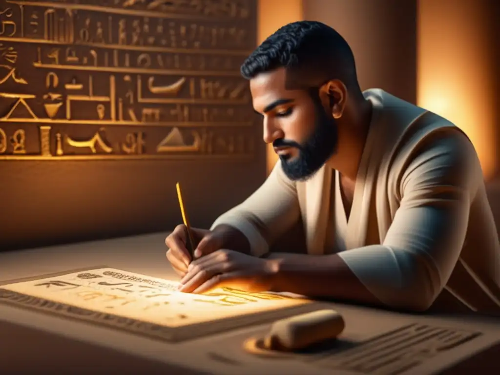 Descifrando jeroglíficos egipcios Champollion estudia con intensidad los símbolos en papiro iluminados en una cálida luz moderna