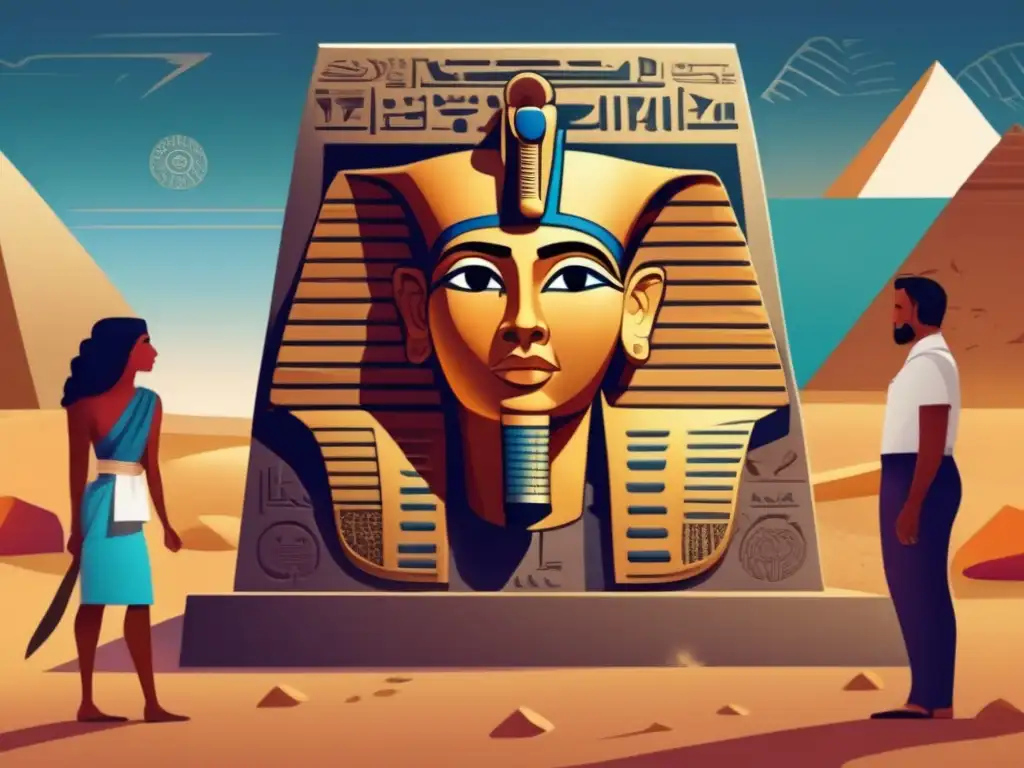 Descifrando jeroglíficos egipcios Champollion: Ilustración moderna de Champollion frente a una gran piedra cubierta de jeroglíficos, con determinación y experticia