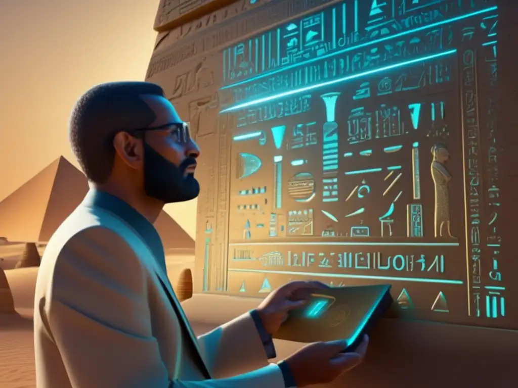 Descifrando jeroglíficos egipcios, Champollion explora con tecnología futurista holográfica