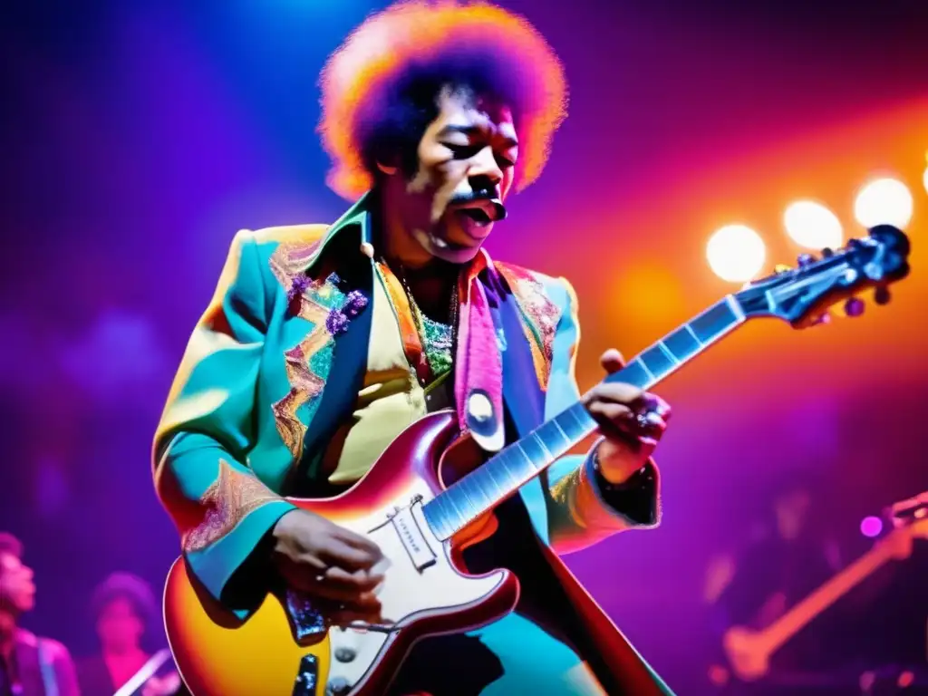 Jimi Hendrix tocando en el escenario con su icónica guitarra, envuelto en luces vibrantes y con una mirada llena de concentración