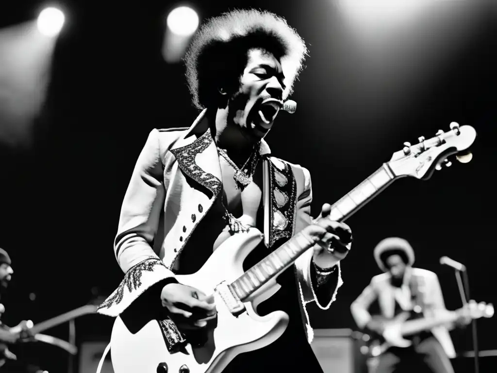 Jimi Hendrix cautiva con su icónico estilo en blanco y negro, transmitiendo su pasión y energía en el escenario