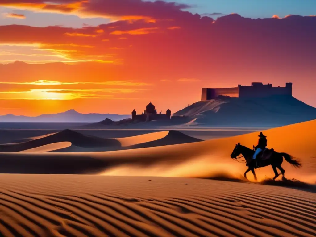 Un jinete solitario cabalga hacia una antigua fortaleza en el desierto al atardecer, mostrando la liderazgo y magnanimidad de Saladino