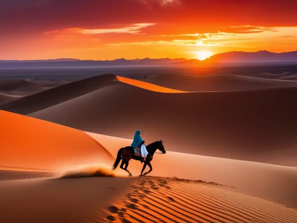 Un jinete solitario cabalga en el desierto al atardecer, evocando la épica de la biografía de Lawrence de Arabia completo