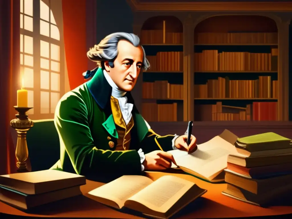 Johann Wolfgang von Goethe concentrado en su escritorio, rodeado de libros y papeles, mientras escribe su obra maestra, Fausto