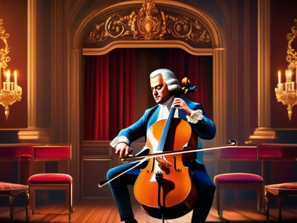 Johann Sebastian Bach interpretando apasionadamente el violonchelo en un salón de música barroca
