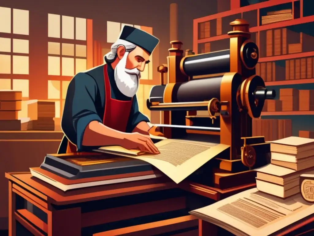 Johannes Gutenberg revolucionando la impresión con su prensa, rodeado de documentos impresos y componentes mecánicos
