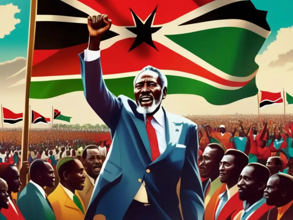 Jomo Kenyatta lidera la independencia de Kenia, rodeado de seguidores enérgicos y la bandera nacional ondeando