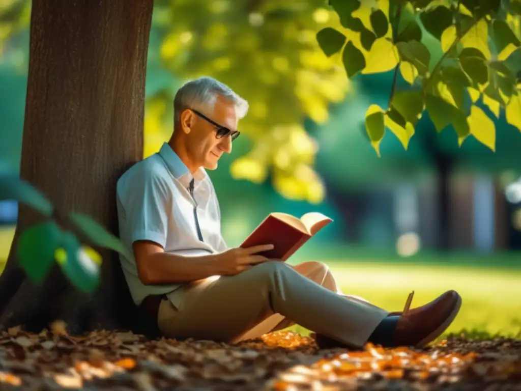 Un joven Robert Noyce, absorbido en un libro bajo un árbol, con luz solar filtrándose entre las hojas