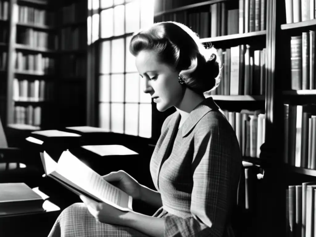 Una joven Katharine Graham lee con concentración en una acogedora biblioteca iluminada por el sol