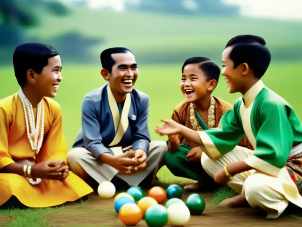 Un joven Sukarno disfruta con amigos en un campo soleado, vistiendo ropa javanesa tradicional y riendo mientras juegan kelereng
