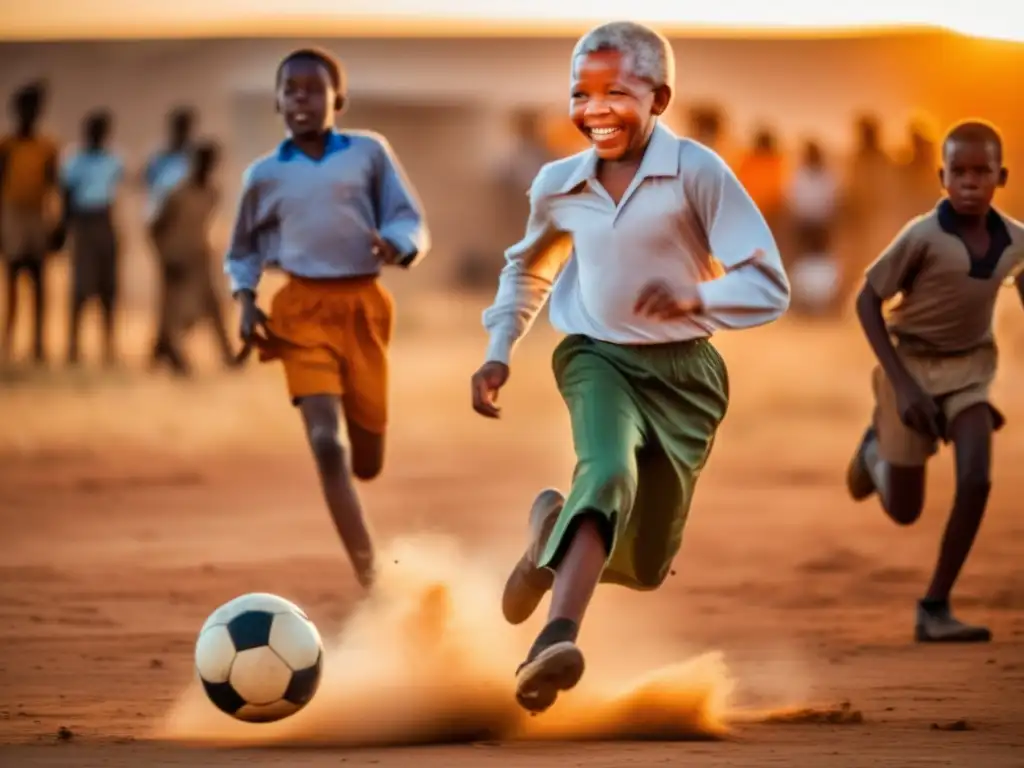 Un joven Nelson Mandela juega fútbol con amigos en un polvoriento township sudafricano