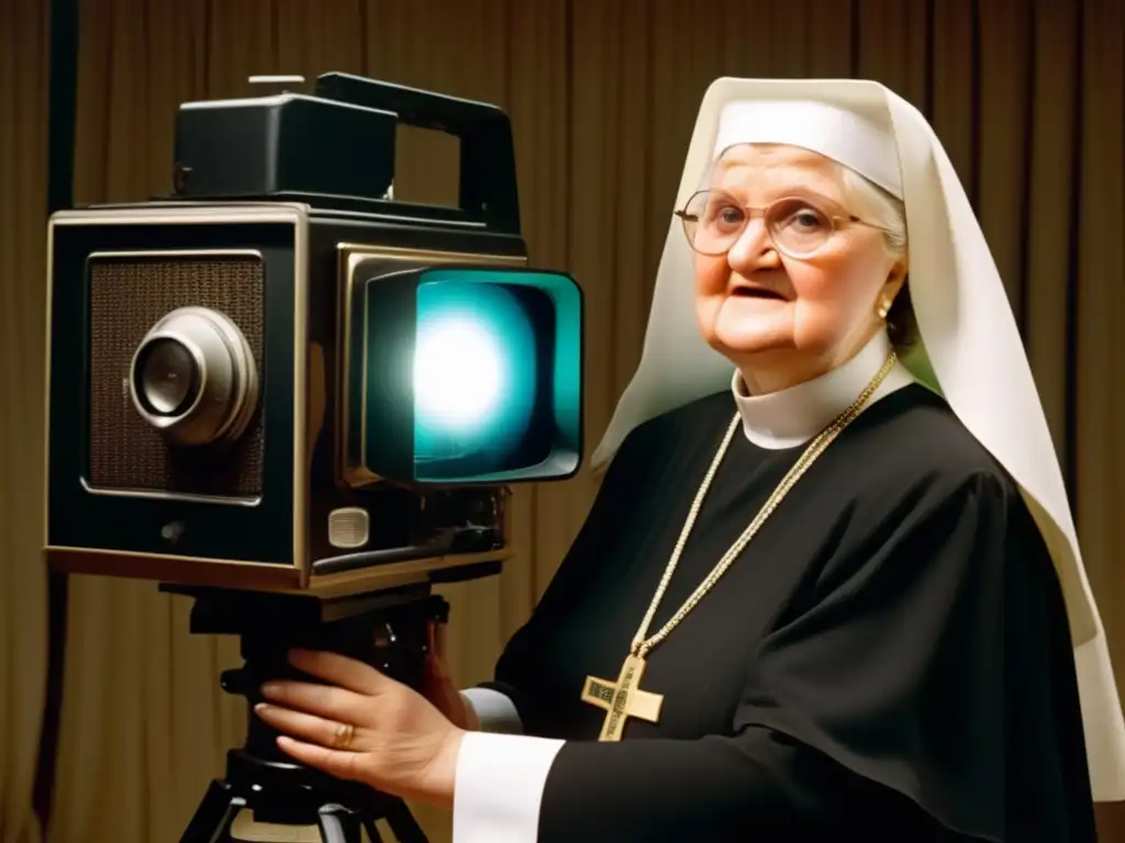 La joven Madre Angelica se prepara para su debut televisivo, irradiando determinación y confianza en el estudio