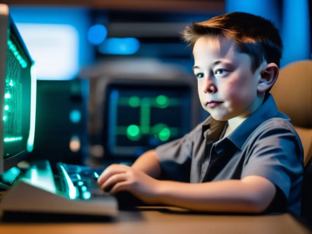 Un joven Elon Musk de 8 años, concentrado frente a su propia computadora casera, rodeado de libros y equipos electrónicos
