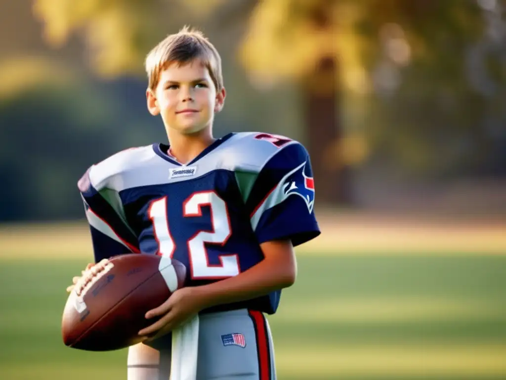 Un joven Tom Brady, de unos 10 años, con jersey de fútbol y un balón bajo el brazo, en un campo de hierba