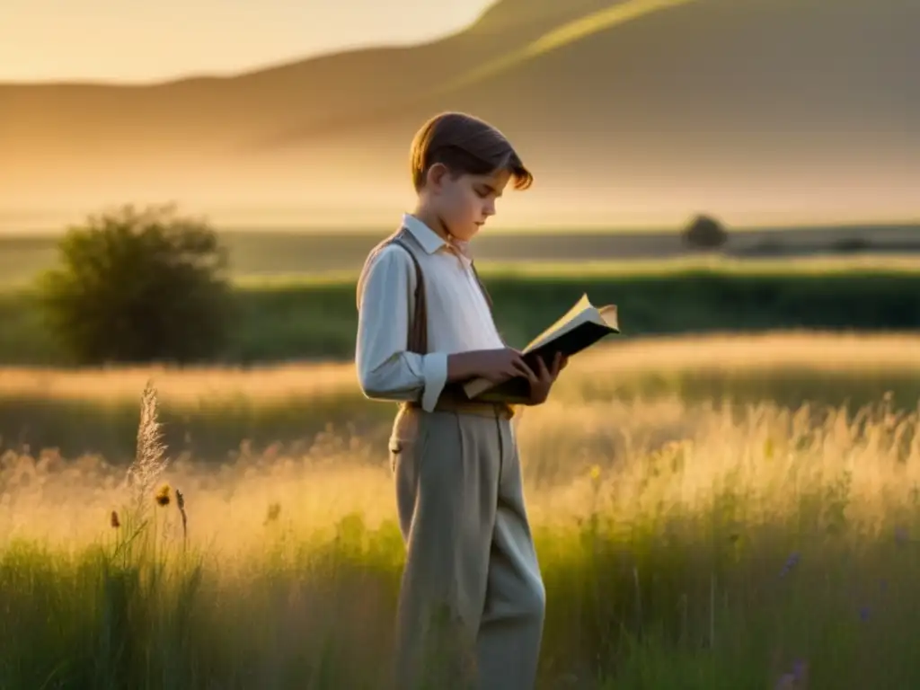 Un joven Jean Moulin, de unos 10 años, de pie en un campo bañado por el sol con un libro en la mano, mirando pensativamente hacia el horizonte