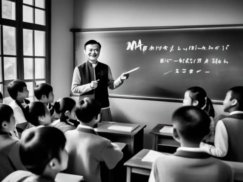 Un joven Jack Ma imparte una apasionante clase ante sus estudiantes, creando un ambiente cálido y motivador