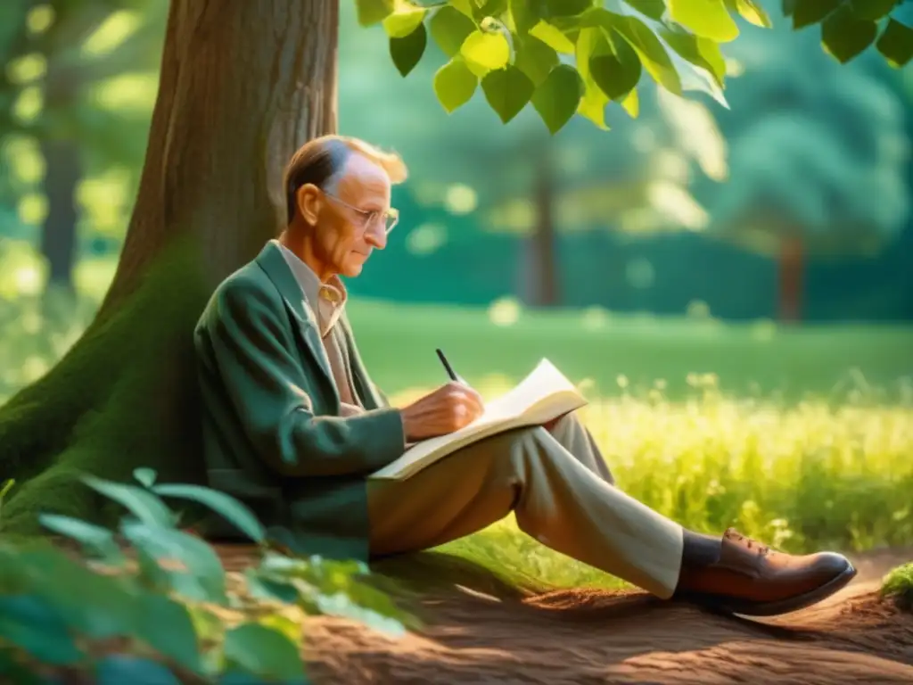 Un joven Herman Hesse se sienta bajo un árbol, rodeado de libros y materiales de escritura, en un bosque exuberante y soleado