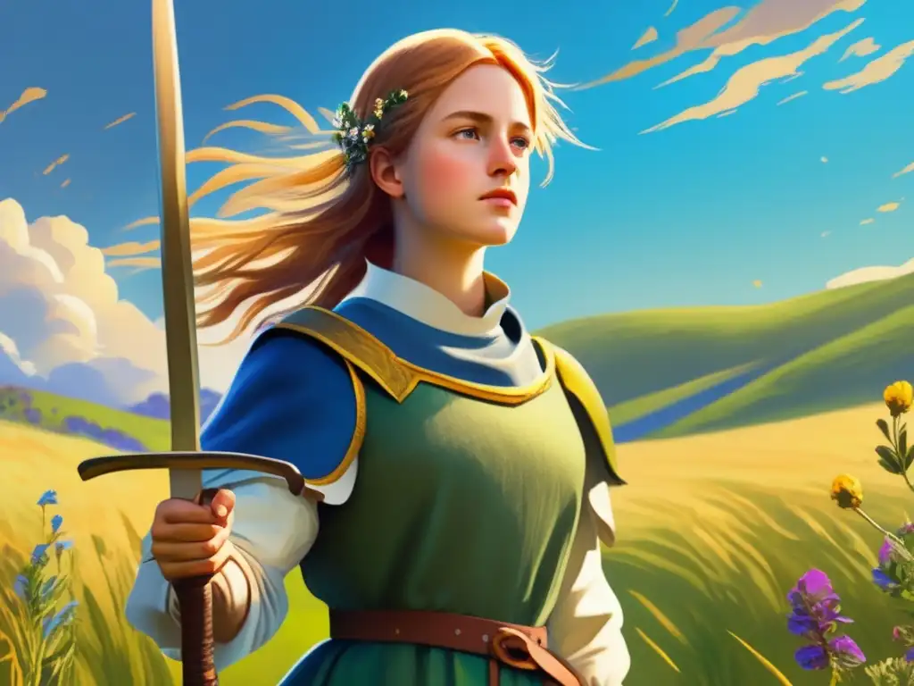 Una joven Juana de Arco en un campo soleado, con ropa campesina y sosteniendo una espada en alto con determinación en su rostro