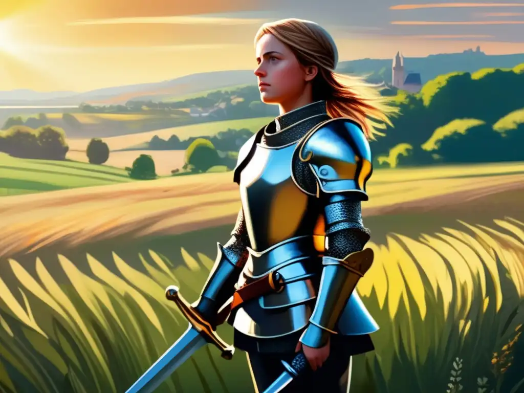 Una joven Joan de Arc, con armadura y espada, mira determinada hacia el horizonte en un campo soleado