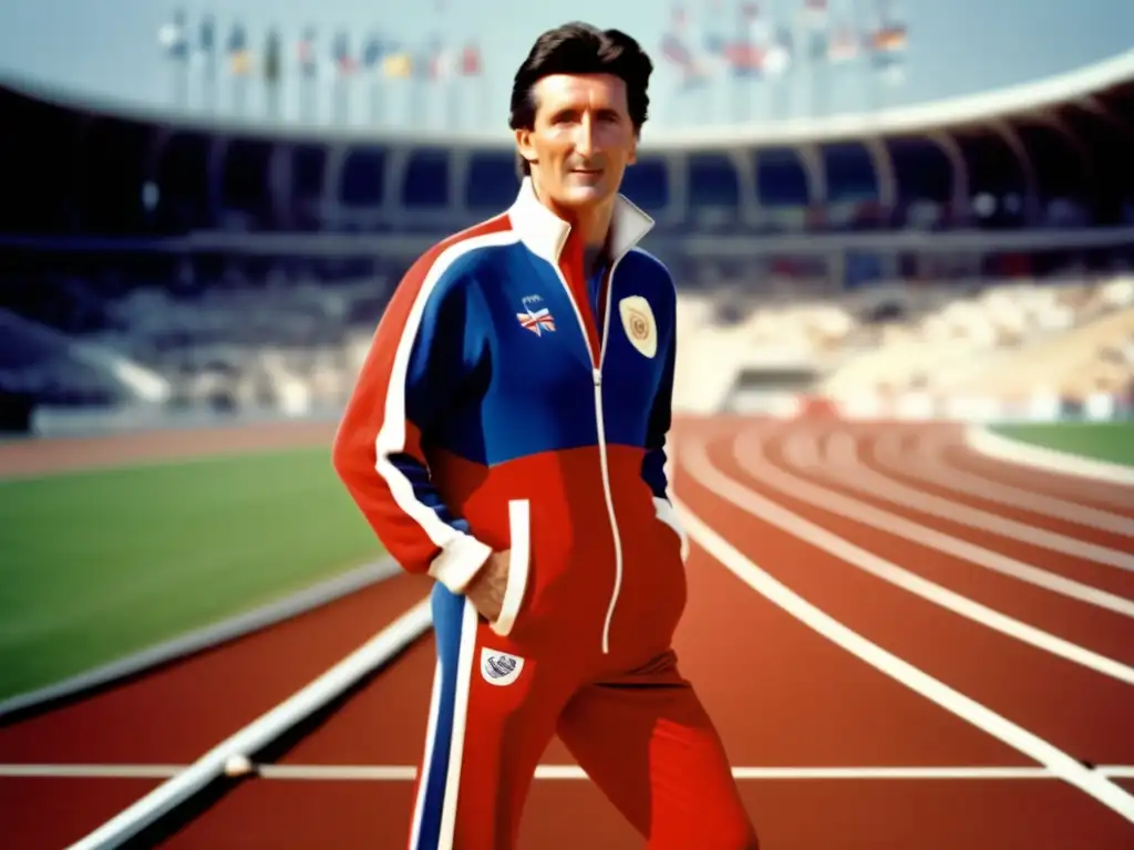 Un joven atleta, Sebastian Coe, irradia determinación en la pista de atletismo, vistiendo un traje olímpico vintage