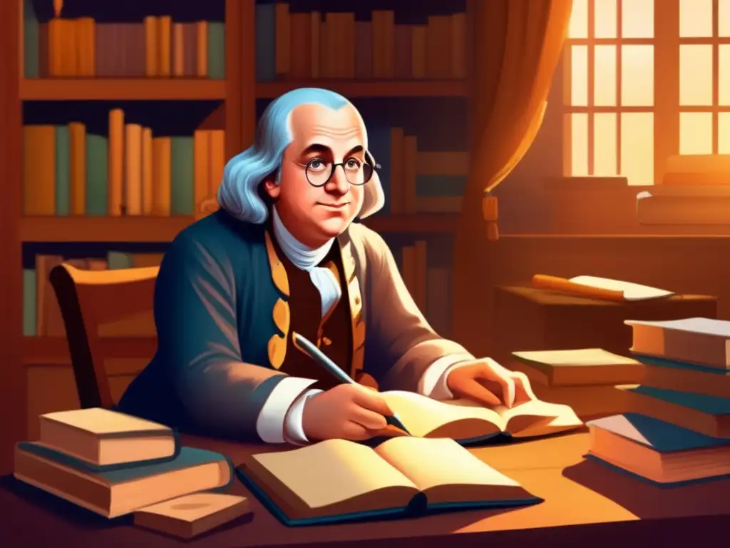Un joven Benjamin Franklin estudia con concentración en un aula iluminada por una cálida luz dorada