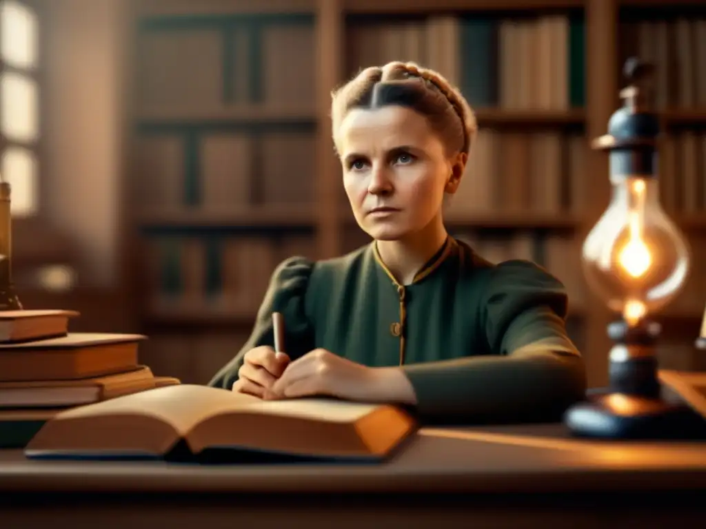 Una joven Marie Curie escucha atentamente en un aula llena de equipo científico y libros, mostrando su pasión por el aprendizaje