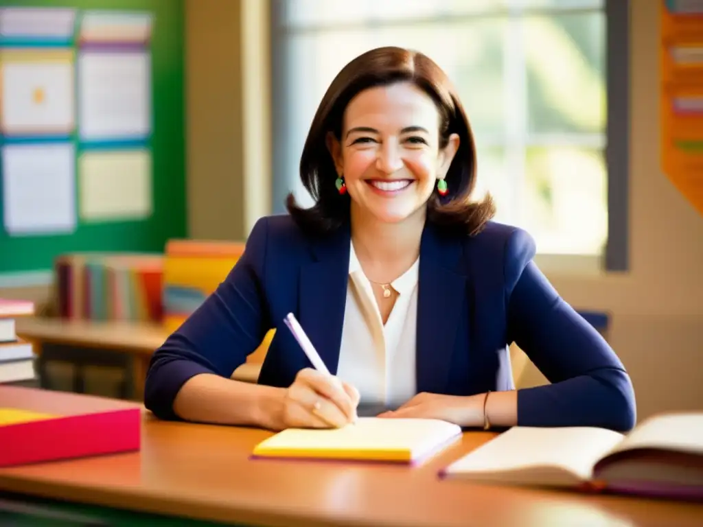 Una joven Sheryl Sandberg sonríe mientras escribe en un aula rodeada de libros y carteles educativos