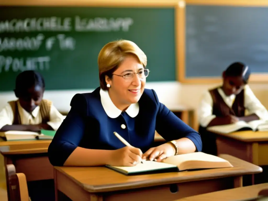 Una joven Michelle Bachelet en el aula, rodeada de libros y útiles escolares, conversando con sus compañeros
