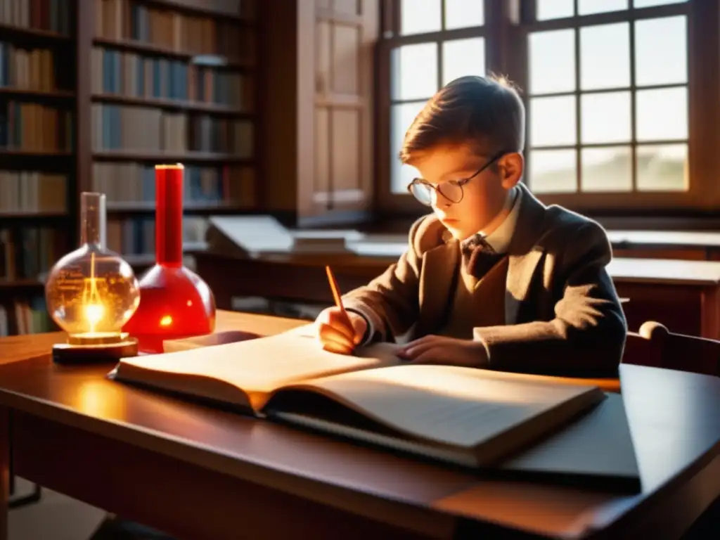 Un joven Robert WatsonWatt estudia en un aula, rodeado de libros y equipo científico