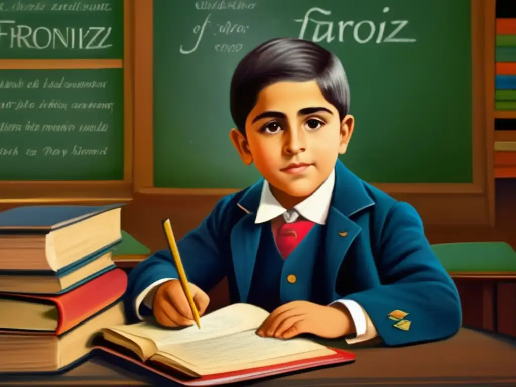 Un joven Arturo Frondizi en un aula rodeado de libros, tomando notas en la pizarra