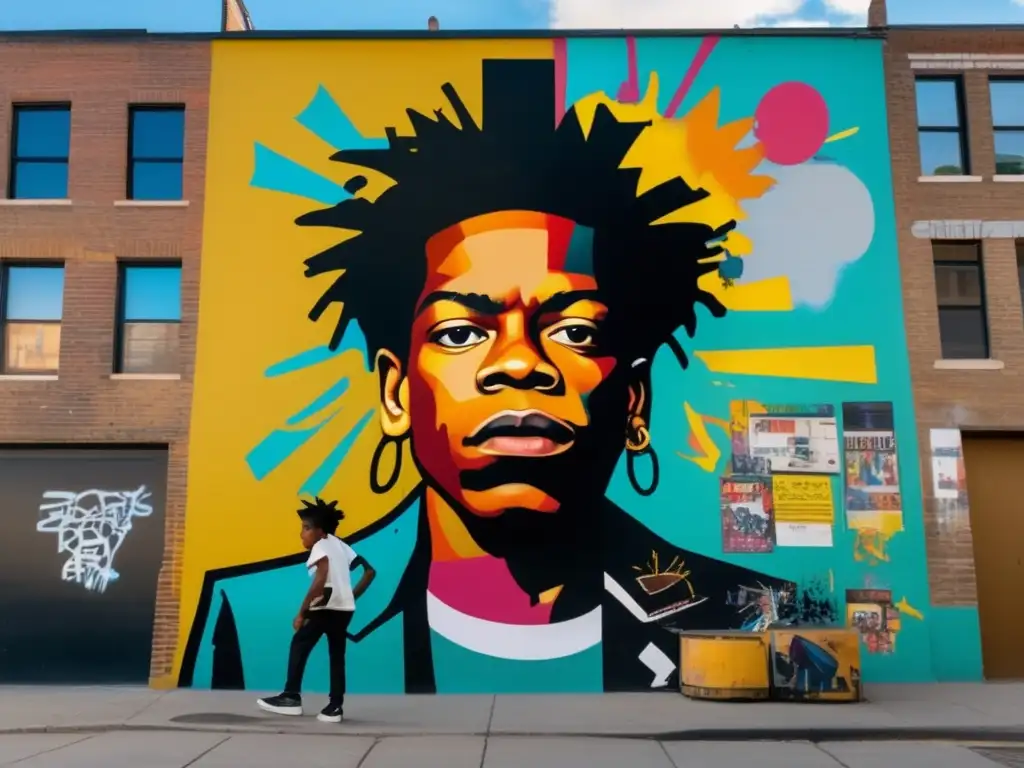 Un joven Jean-Michel Basquiat rodeado de caótico arte callejero, pintando con determinación en un vibrante mural urbano