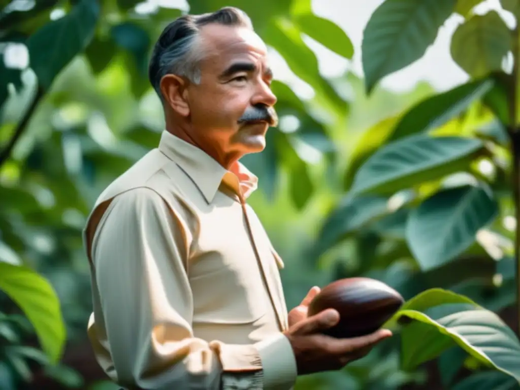 Un joven Milton Hershey inspecciona un cacao en un campo soleado
