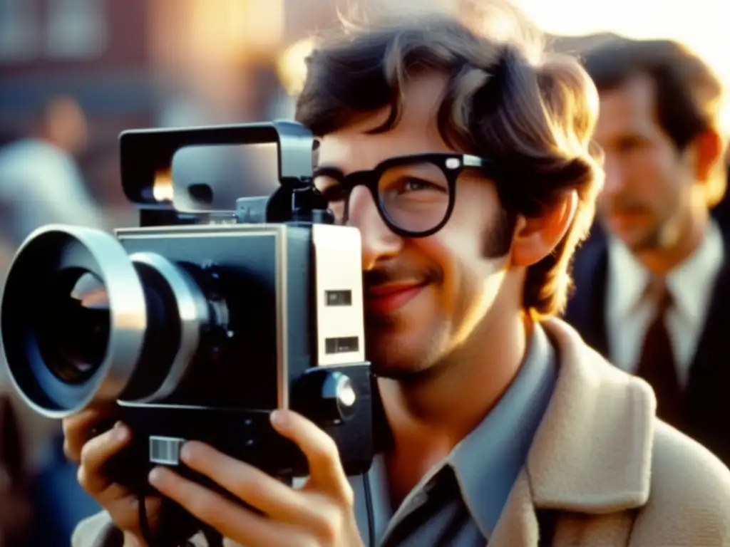 Un joven Steven Spielberg sostiene una cámara de cine Super 8, con brillo creativo en sus ojos y una sonrisa sutil