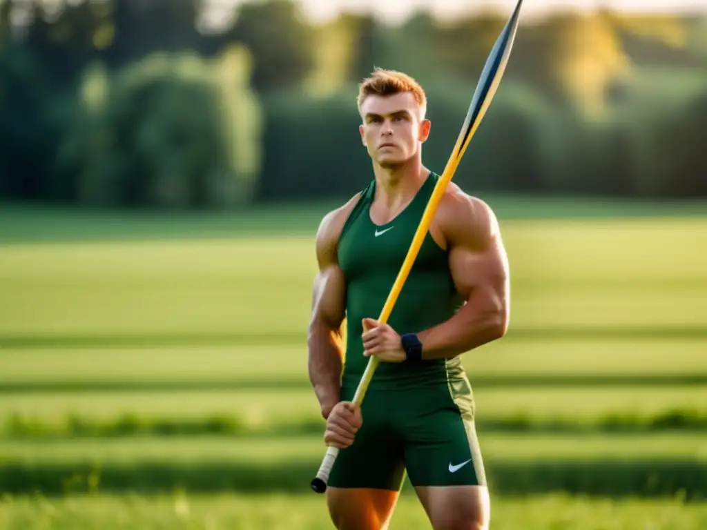 Un joven Jan Železný se destaca en un campo verde exuberante, sosteniendo una jabalina con determinación, con un aura de potencial atlético