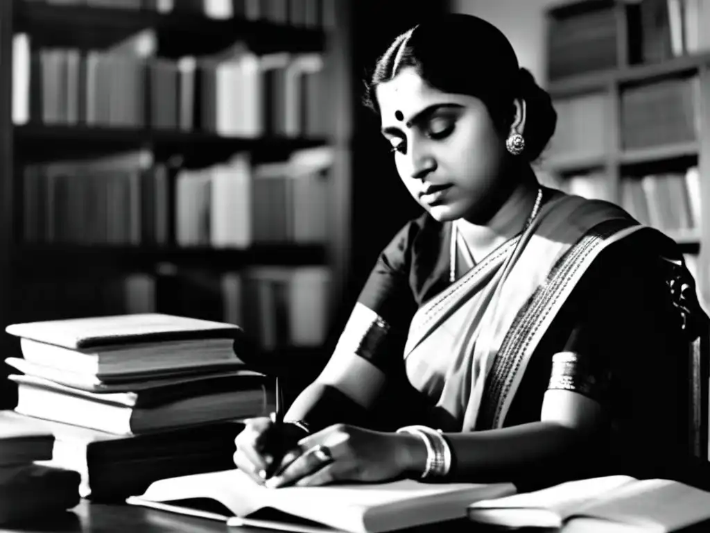 Una joven Kamaladevi Chattopadhyay, vestida con un sari, se sienta entre libros y papeles, con una expresión pensativa y determinada