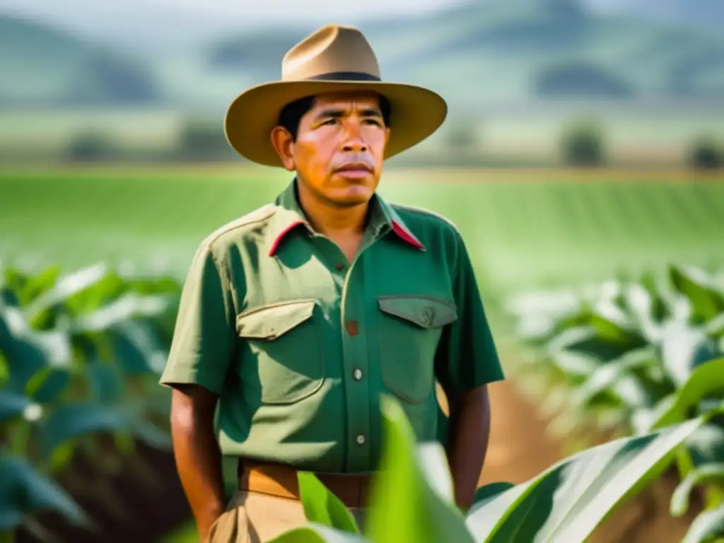 Un joven César Chávez, observando con determinación el campo soleado, viste ropa de trabajo desgastada y un sombrero de ala ancha
