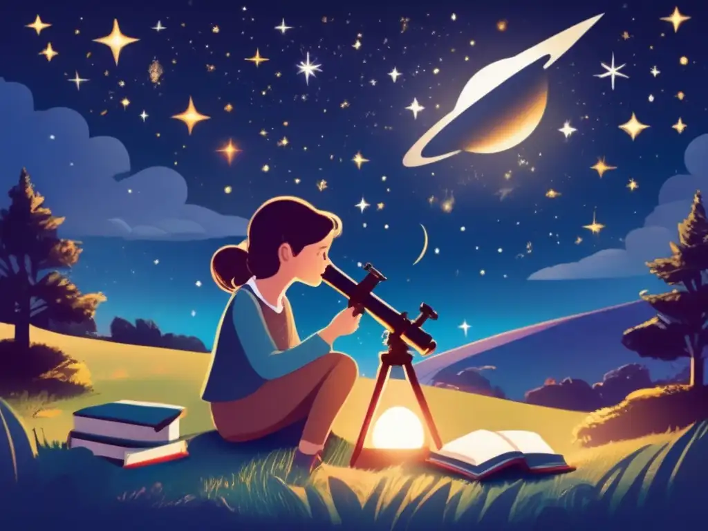La joven María Mitchell contempla el cielo estrellado desde una colina, rodeada de libros y un telescopio