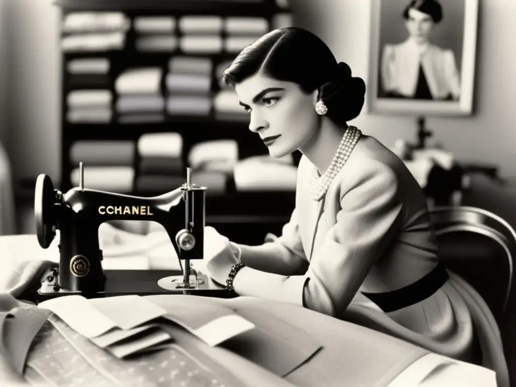 Una joven Coco Chanel en su máquina de coser, rodeada de bocetos y muestras de tela