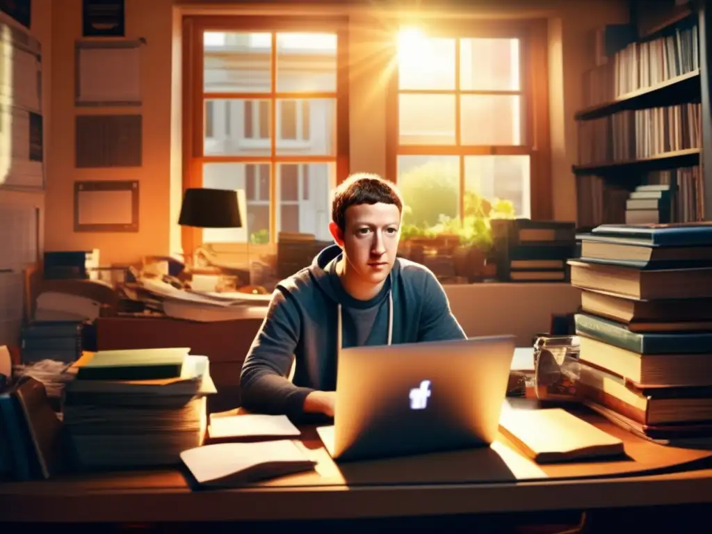 Un joven Mark Zuckerberg trabaja en su computadora en un dormitorio desordenado, rodeado de libros y piezas de computadora