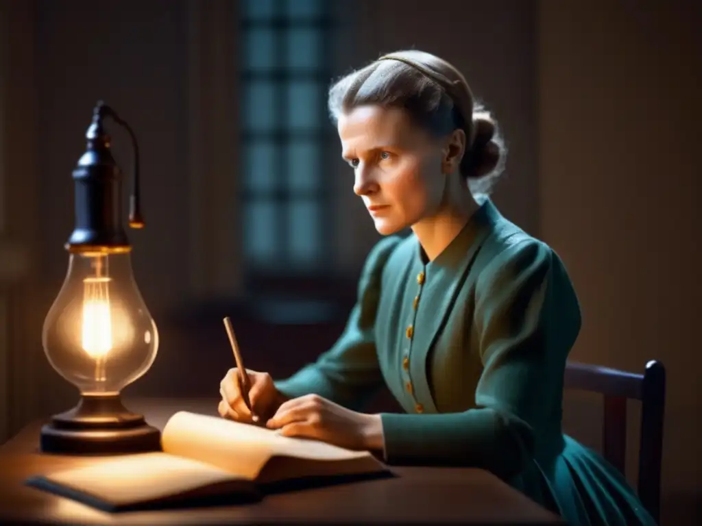 Una joven Marie Curie, concentrada en sus estudios bajo la suave luz de una lámpara