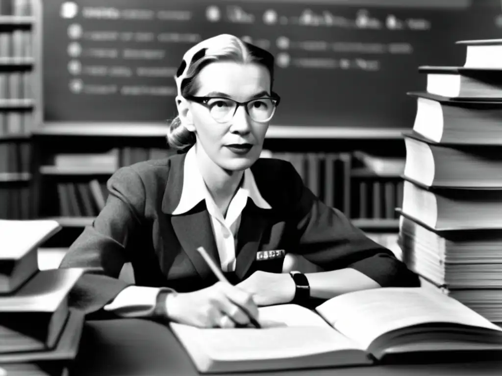 Una joven Grace Hopper concentrada en un libro en un entorno académico