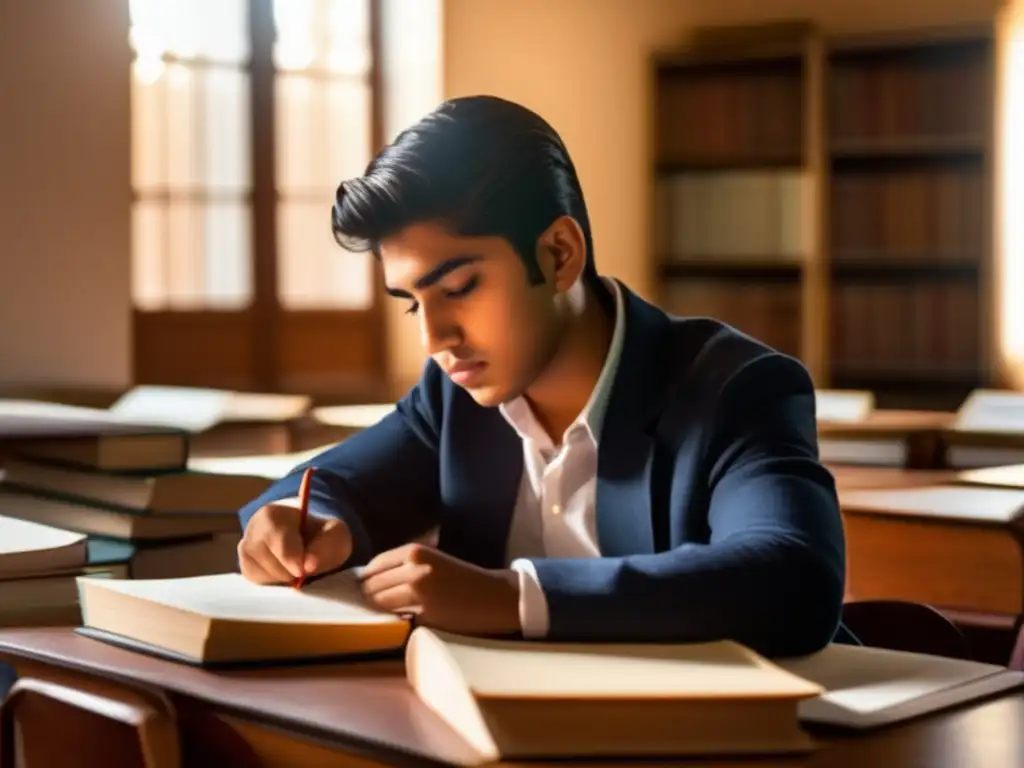 Un joven Adolfo López Mateos concentrado en sus estudios, rodeado de libros y materiales educativos