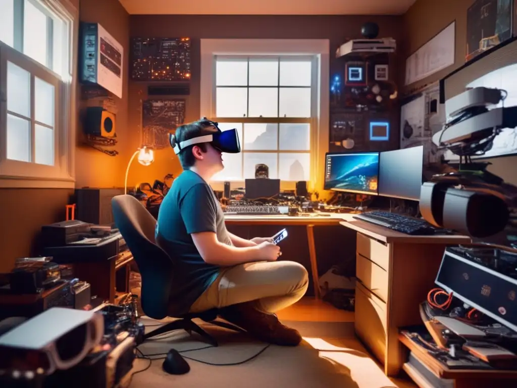 Un joven Palmer Luckey concentrado en su habitación llena de tecnología, usando un casco de realidad virtual
