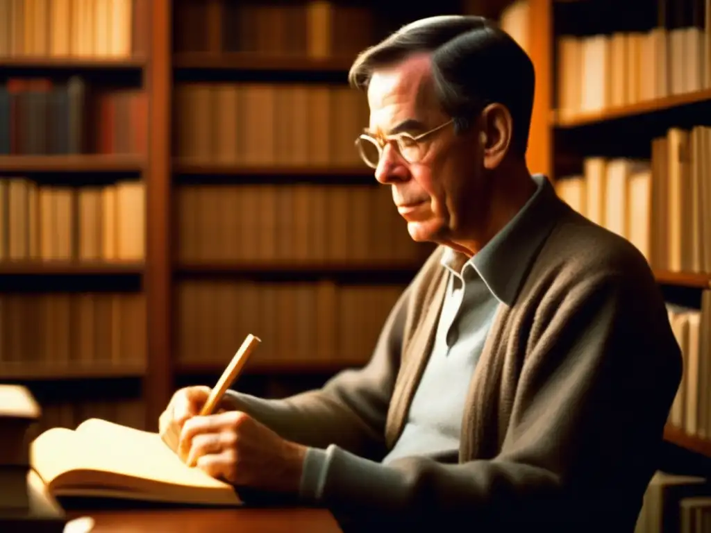 Un joven Joseph Campbell concentrado en la lectura, rodeado de libros en una biblioteca iluminada