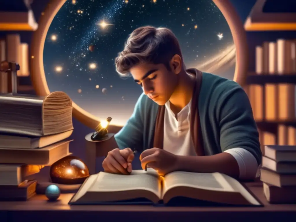 Un joven Nicolás Copérnico estudia el cielo nocturno con intensa curiosidad, rodeado de libros antiguos y instrumentos astronómicos