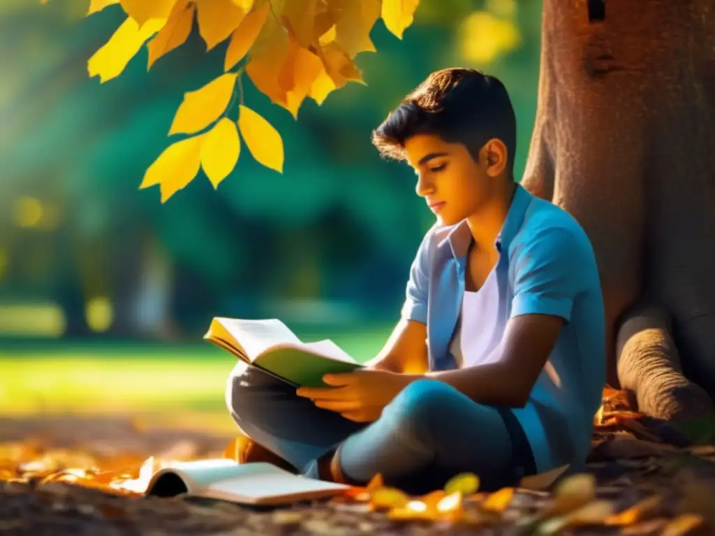 Un joven Rubén Darío rodeado de libros, escribiendo poesía bajo un árbol