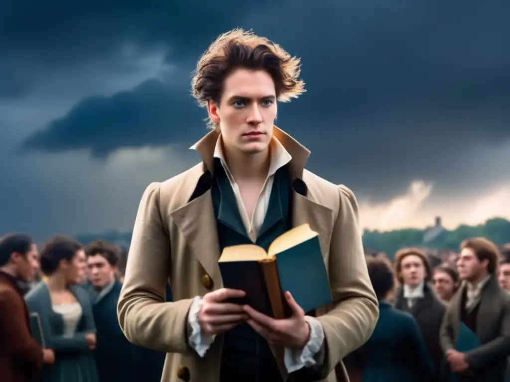 Un joven Percy Bysshe Shelley desafiante, con abrigo raído y un libro de poesía revolucionaria, frente a una multitud bajo un cielo tormentoso